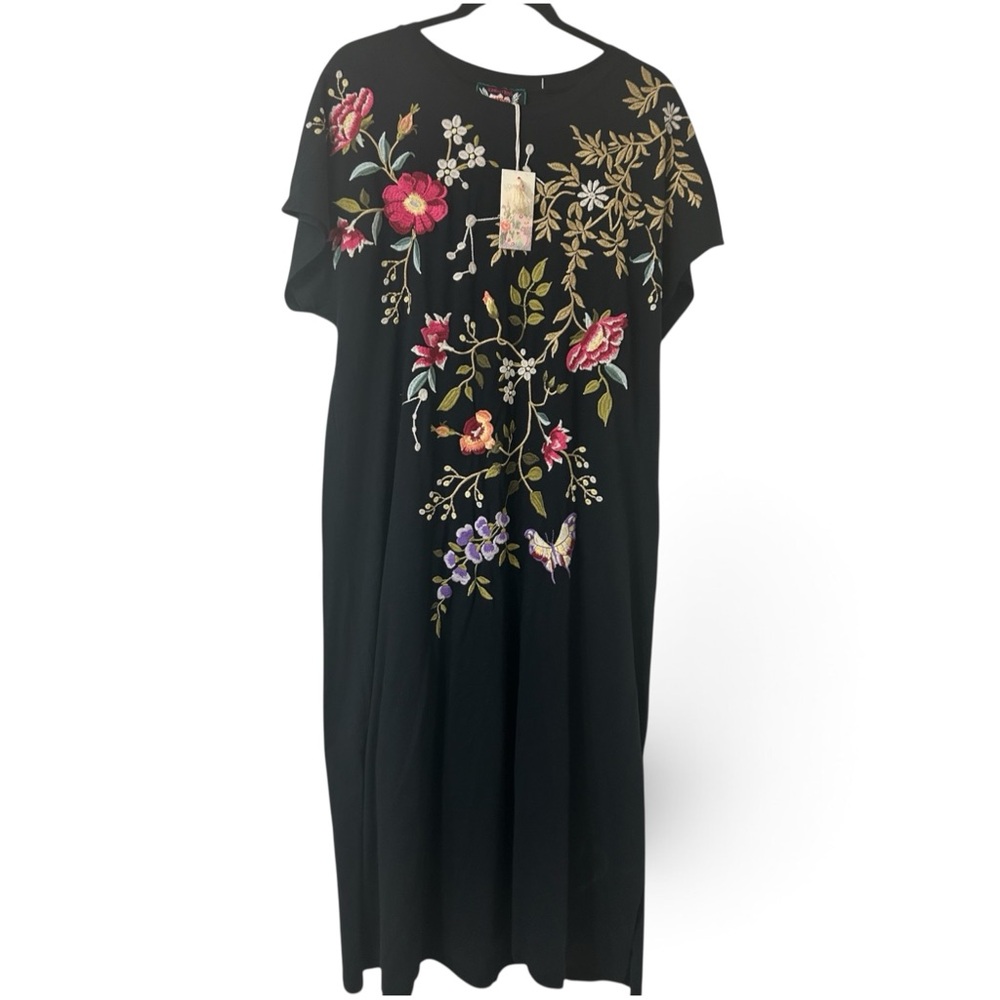 Johnny Was Black Maxi Dress with Pink, Purple & Gold Floral Embroidery